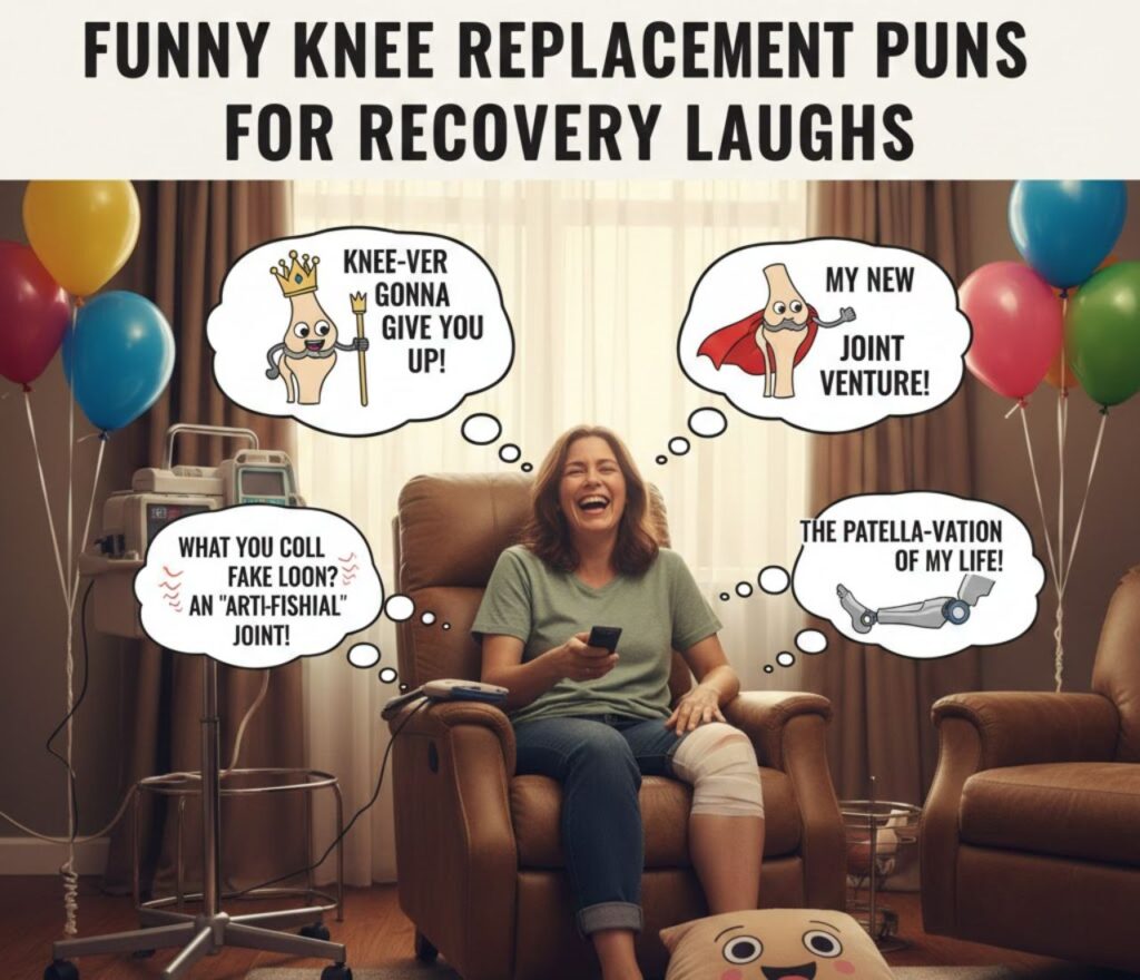 "Funny knee replacement puns for recovery laughs, bringing lighthearted humor, encouragement, and smiles to healing days and rehab moments ahead.