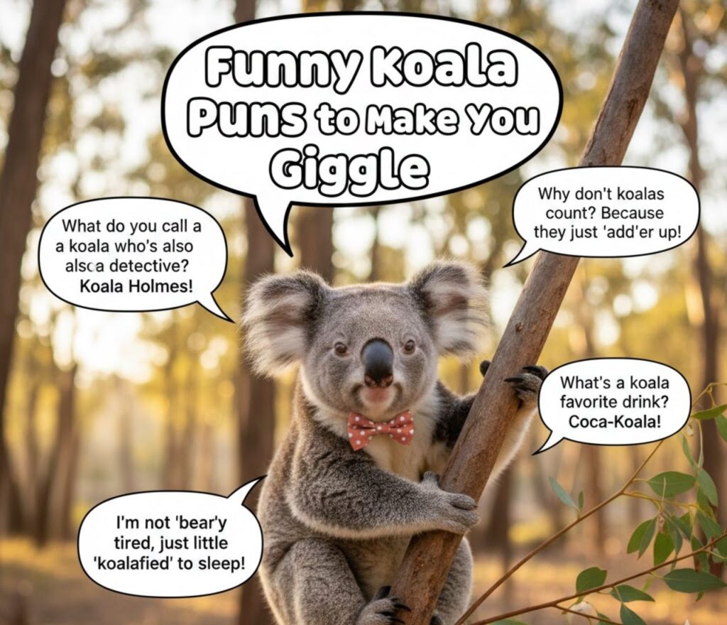 Funny koala puns designed to make you giggle, full of cuteness, clever wordplay, and playful humor for captions and posts."