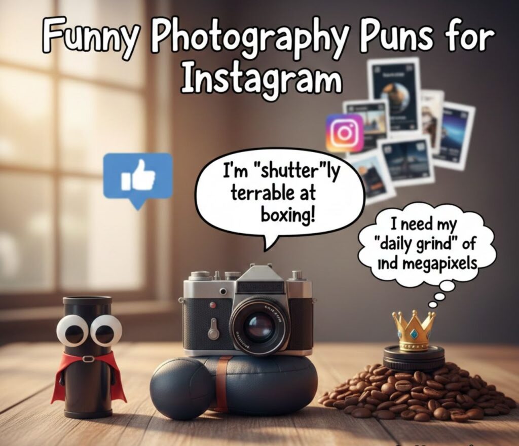 "Funny photography puns for Instagram, packed with clever, playful wordplay perfect for captions, photo posts, and capturing laughs online."