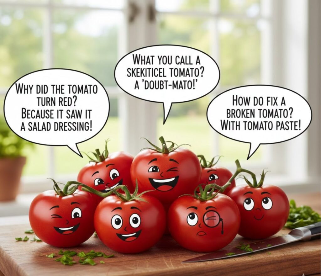 "Funny tomato one-liners full of clever, playful, and quick wordplay, perfect for captions, posts, jokes, and lighthearted social content."