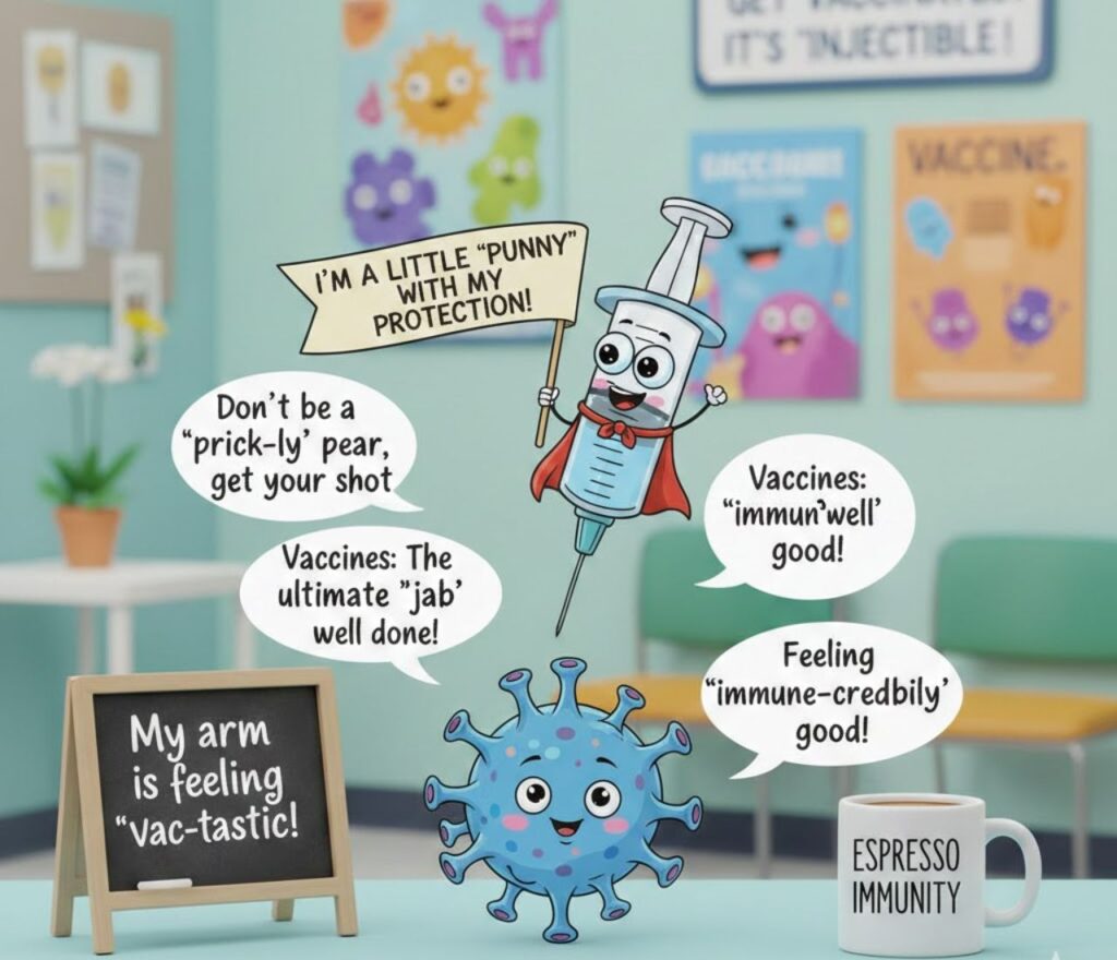 Funny vaccine puns for captions, packed with clever, playful, and lighthearted wordplay perfect for social posts, messages, and jokes."
