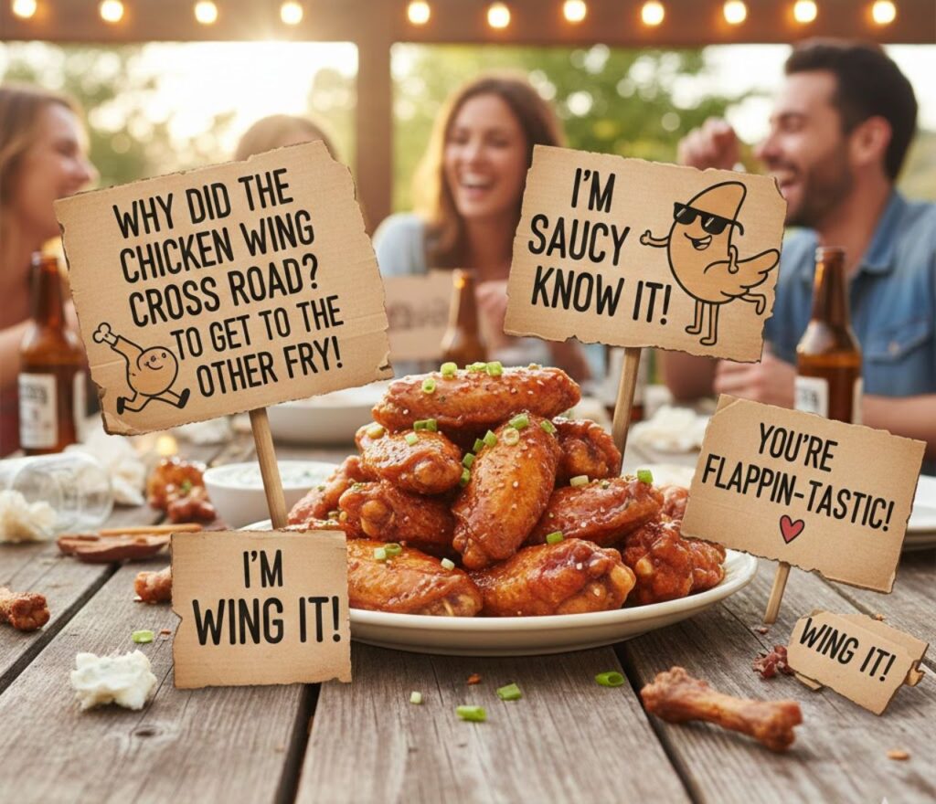"Hilarious chicken wing puns, packed with clever, funny, and playful wordplay perfect for captions, posts, messages, and foodie humor."