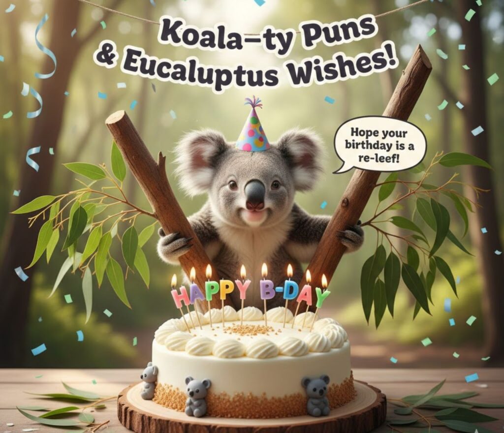 Adorable koala birthday puns, perfect for cards, captions, and posts, bringing playful humor, cuteness, and clever wordplay to celebrations."