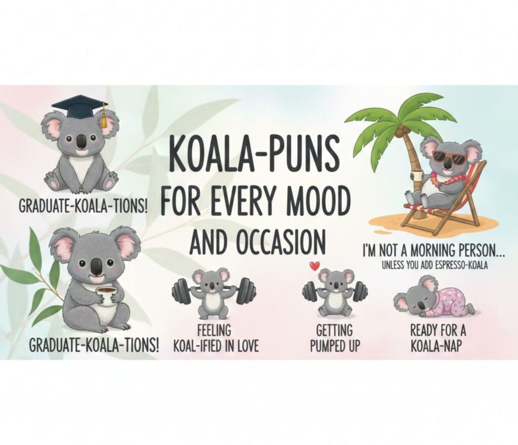 "Adorable koala puns for every mood and occasion, perfect for captions, posts, and sharing playful, cute, and clever wordplay."