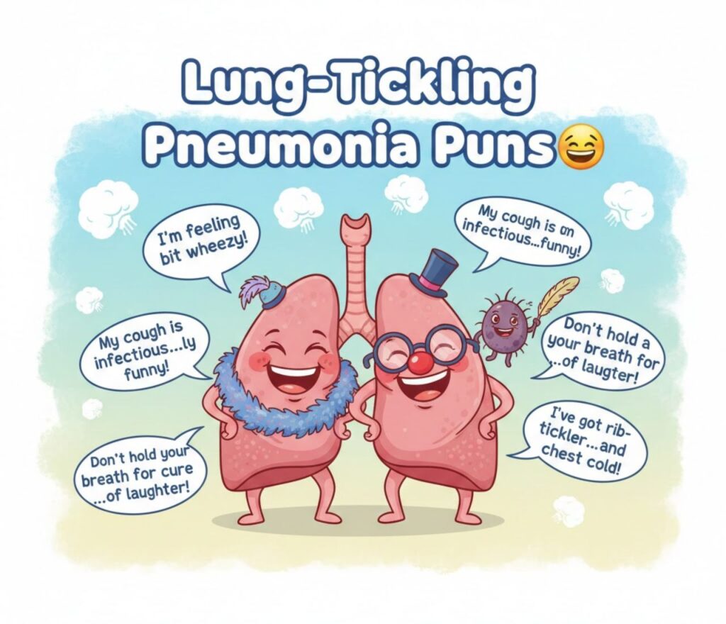 "Lung-tickling pneumonia puns featuring clever, lighthearted wordplay designed to bring gentle humor and smiles without taking illness seriously."