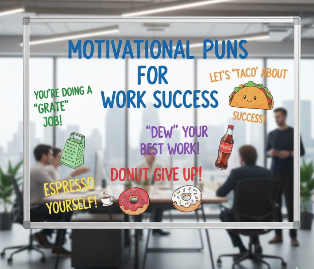 Motivational puns for work success, blending encouragement, humor, and clever wordplay perfect for captions, office notes, and professional inspiration."