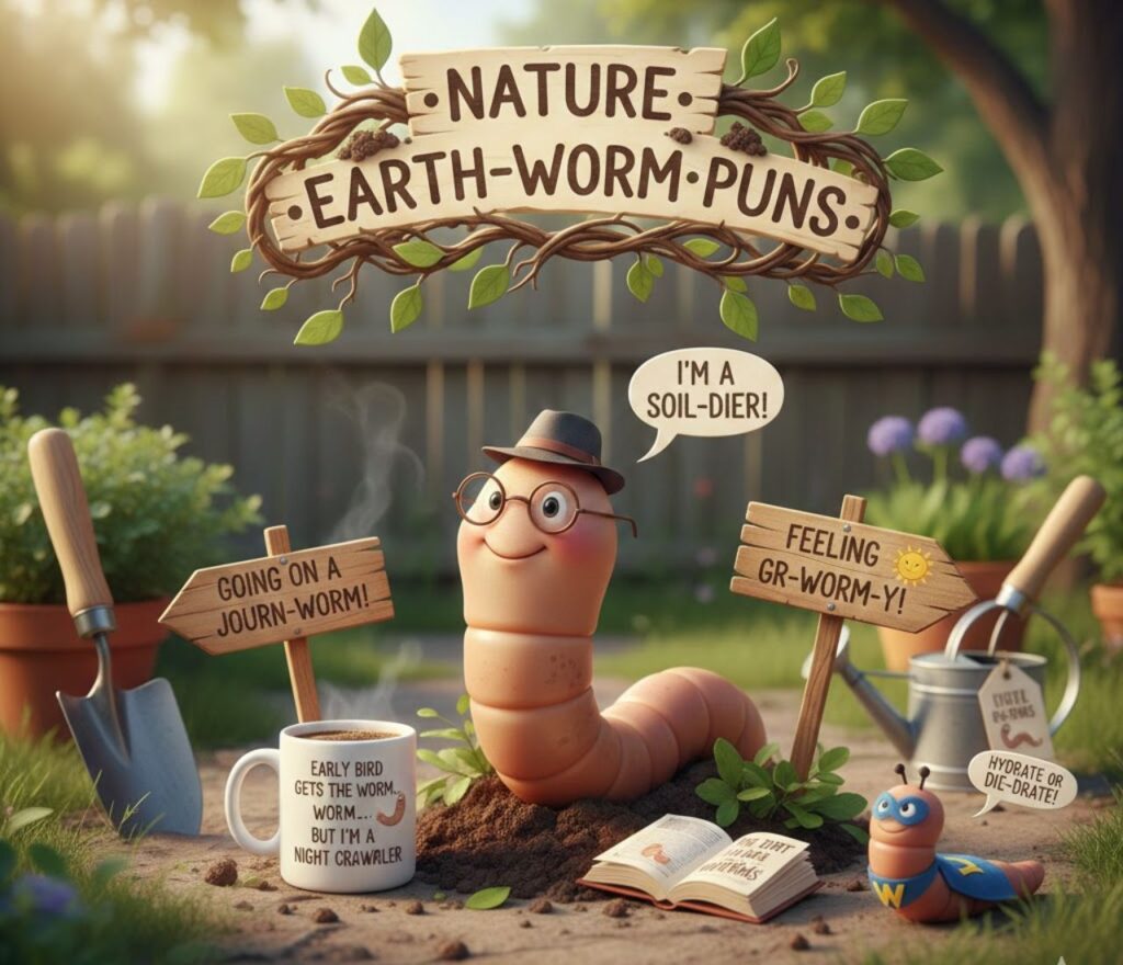 Nature and earth worm puns celebrating the environment, full of clever wordplay, playful humor, and captions for eco-friendly posts."