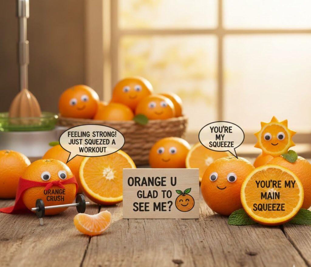 Orange fruit puns combining clever, cute, and playful wordplay, perfect for captions, posts, jokes, and sharing fruity fun with friends."