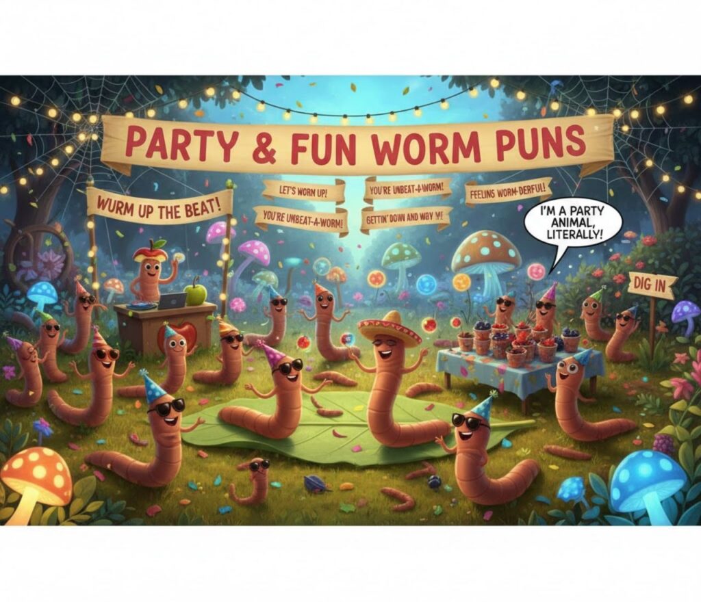 "Party and fun worm puns full of playful humor and clever wordplay, perfect for captions, invitations, and celebration posts."