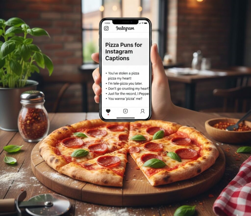 "Pizza puns for Instagram captions, packed with cheesy, funny, and clever wordplay perfect for posts, stories, and mouthwatering social content."