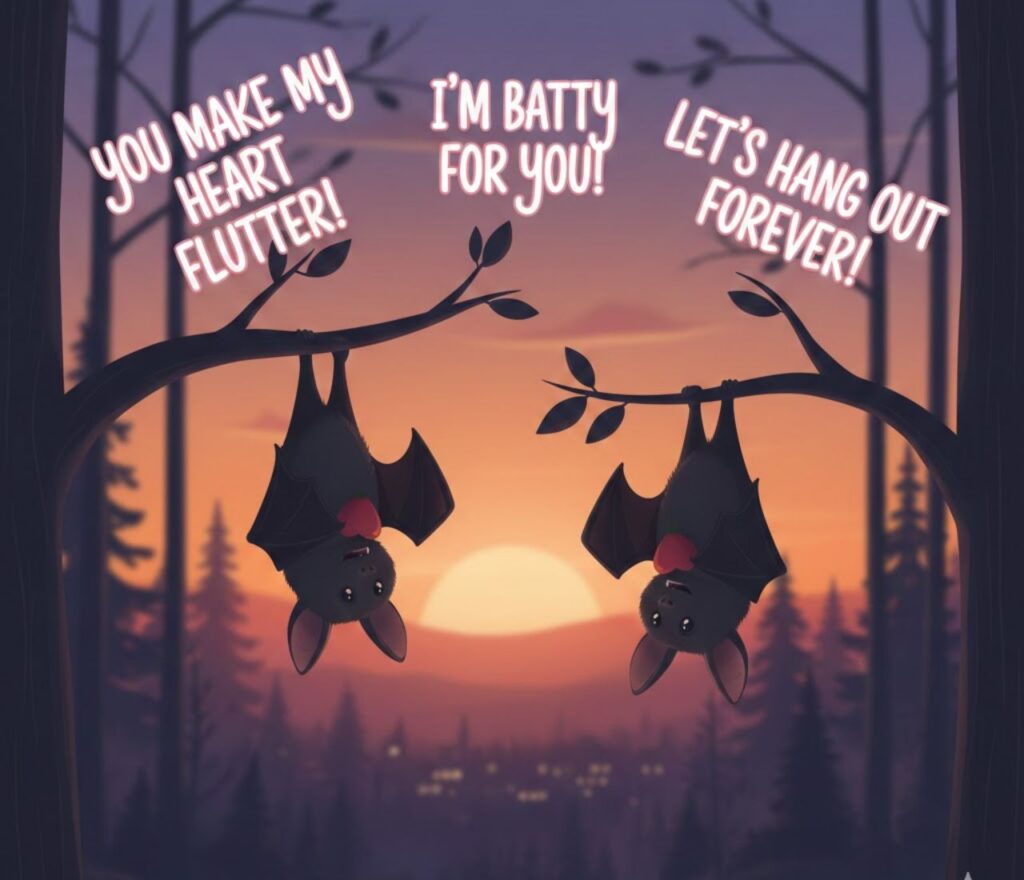 Romantic bat puns filled with sweet, playful, and clever wordplay, perfect for flirty captions, love notes, and date-night posts."