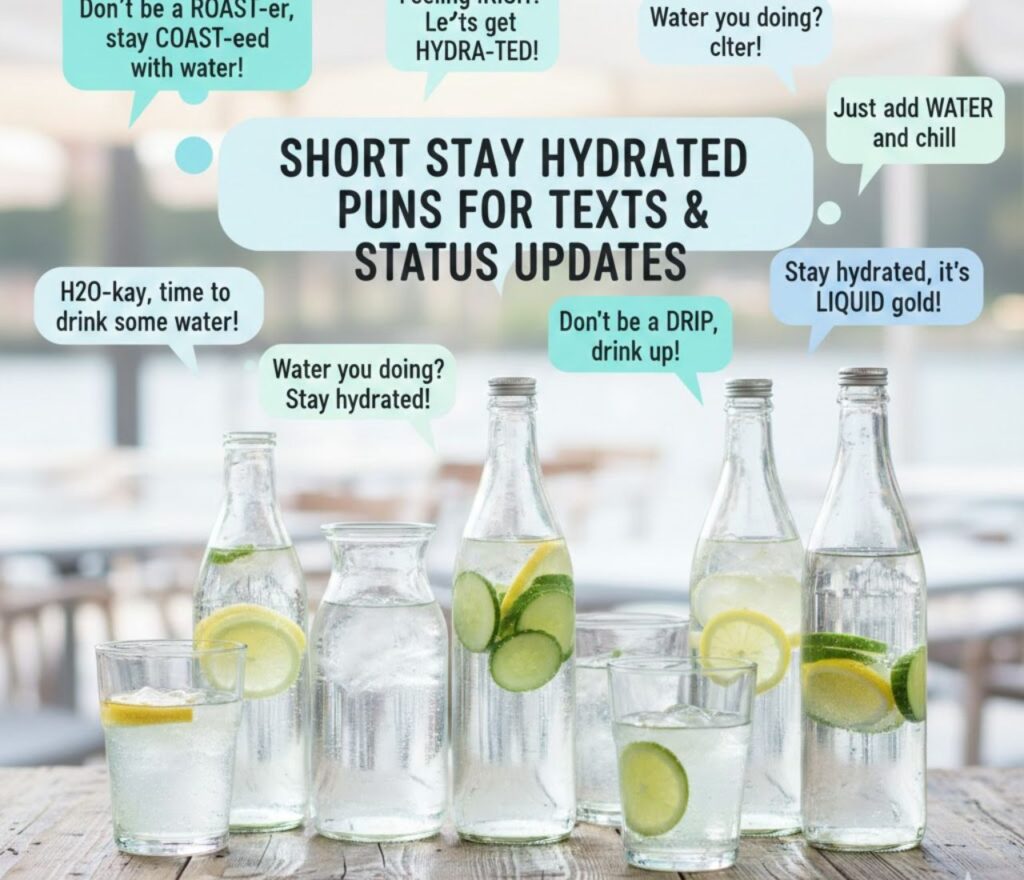"Short stay hydrated puns for texts and status updates, full of clever, funny, and playful wordplay perfect for quick captions."