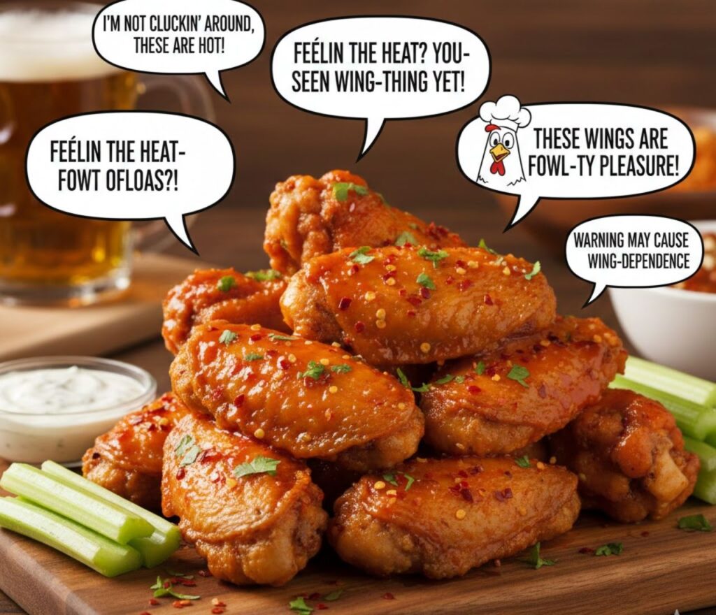 chicken wing puns that are funny, saucy, spicy, and cute. Perfect for social media, parties, captions, or sharing laughs with friends while celebrating everyone’s favorite snack.
