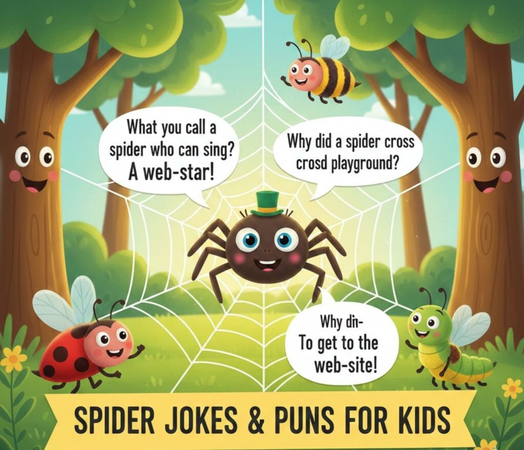 "Spider jokes and puns for kids, full of silly, friendly, and playful wordplay perfect for laughs, captions, and classroom fun.