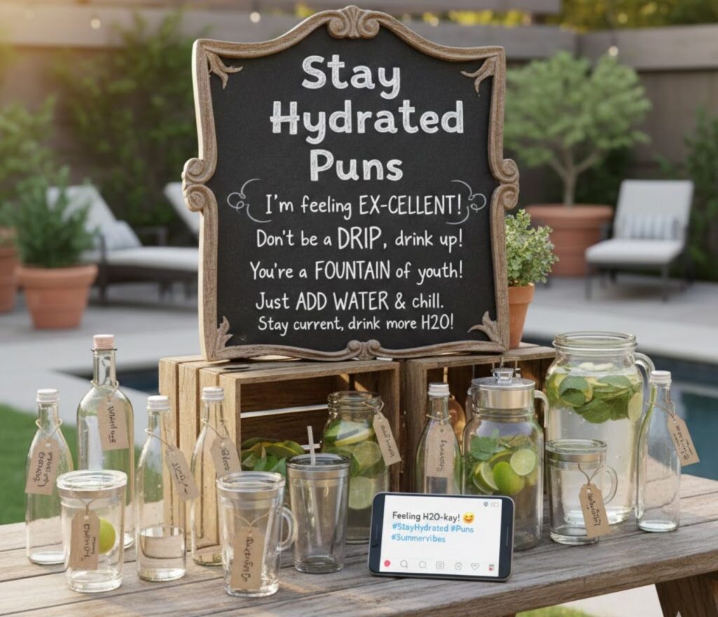 Stay hydrated puns for Instagram captions, full of clever, funny, and playful wordplay perfect for posts, stories, and social media fun."