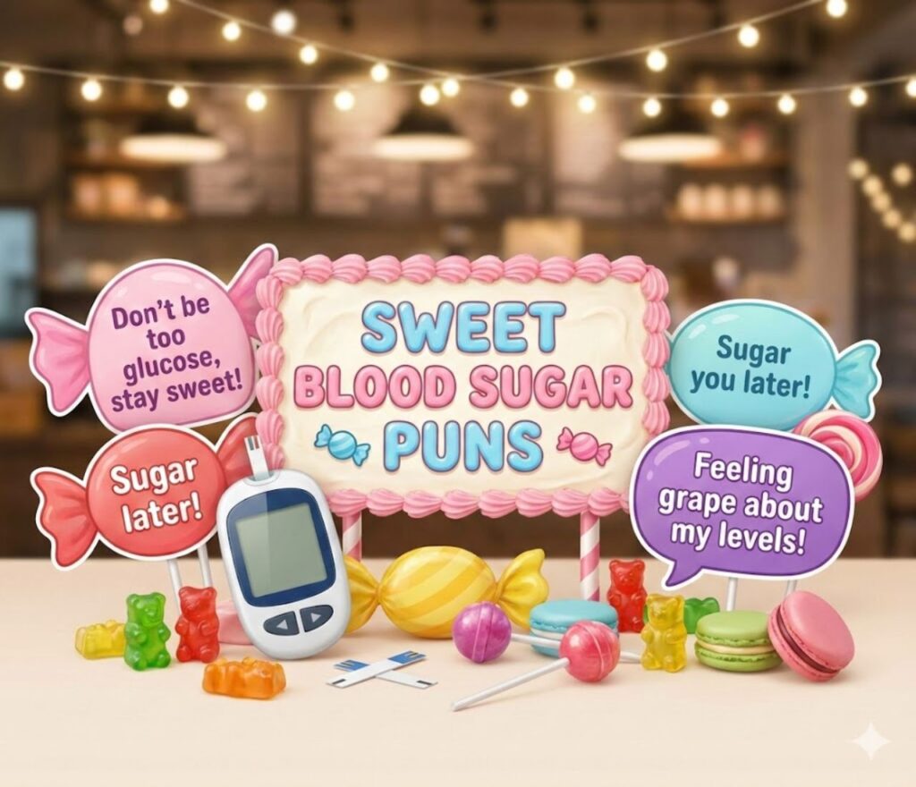 Sweet blood sugar puns featuring clever, lighthearted wordplay, perfect for captions, posts, and gentle humor about diabetes awareness campaigns online.