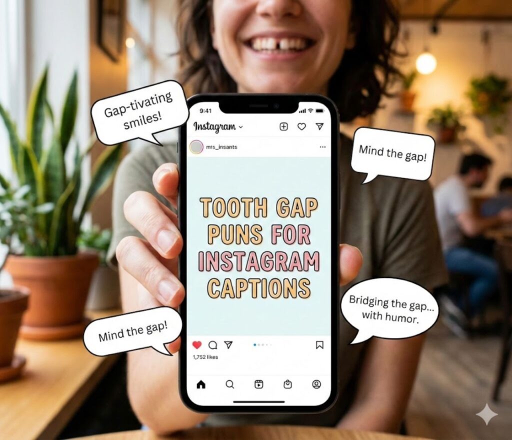 "Tooth gap puns for Instagram captions, featuring clever, funny, and playful wordplay perfect for selfies, smiles, and confident posts.