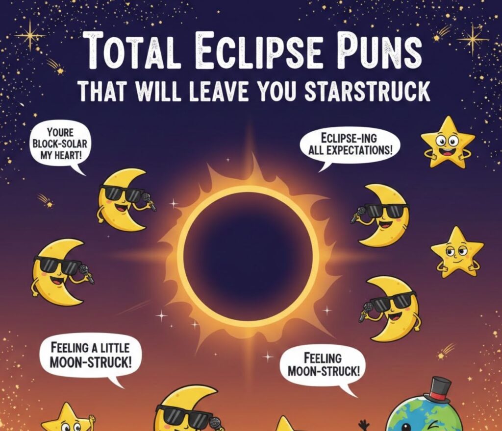 Total eclipse puns that will leave you starstruck, featuring clever cosmic wordplay perfect for captions, jokes, and celestial-themed laughs."