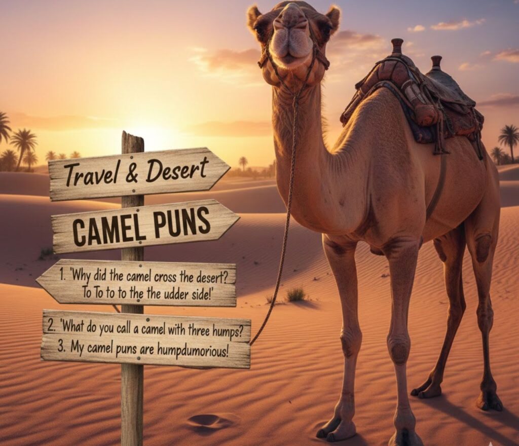 Travel and desert camel puns, combining adventure, humor, and clever wordplay, perfect for captions, posts, and wanderlust-inspired fun.