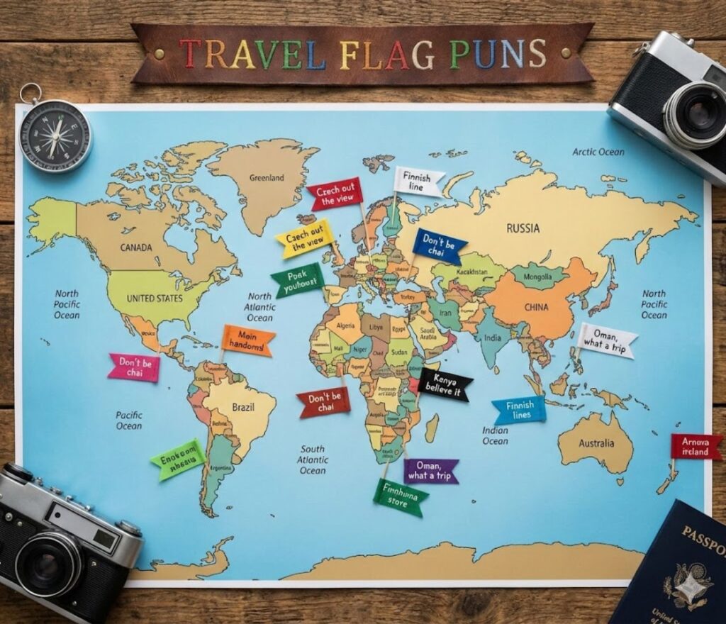 "Travel flag puns combining adventure, destinations, and clever wordplay, perfect for captions, posts, and sharing global wanderlust fun."