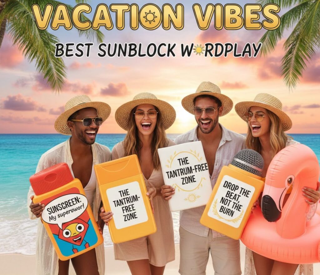 "Vacation vibes with the best sunblock wordplay, packed with sunny humor, clever puns, and fun captions for beach days."