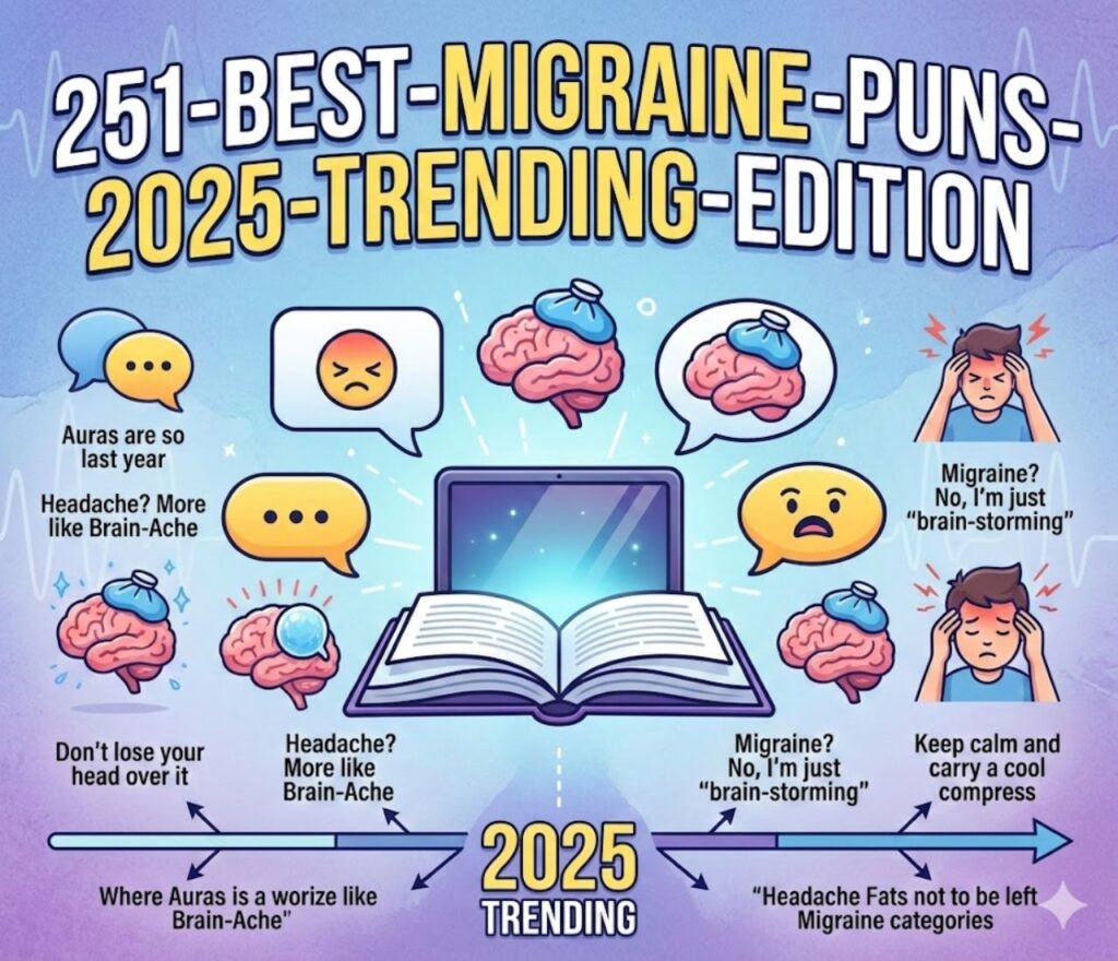 Collection of 251 best migraine puns for 2025, trending jokes using headache humor, relatable wordplay, and shareable laughs online