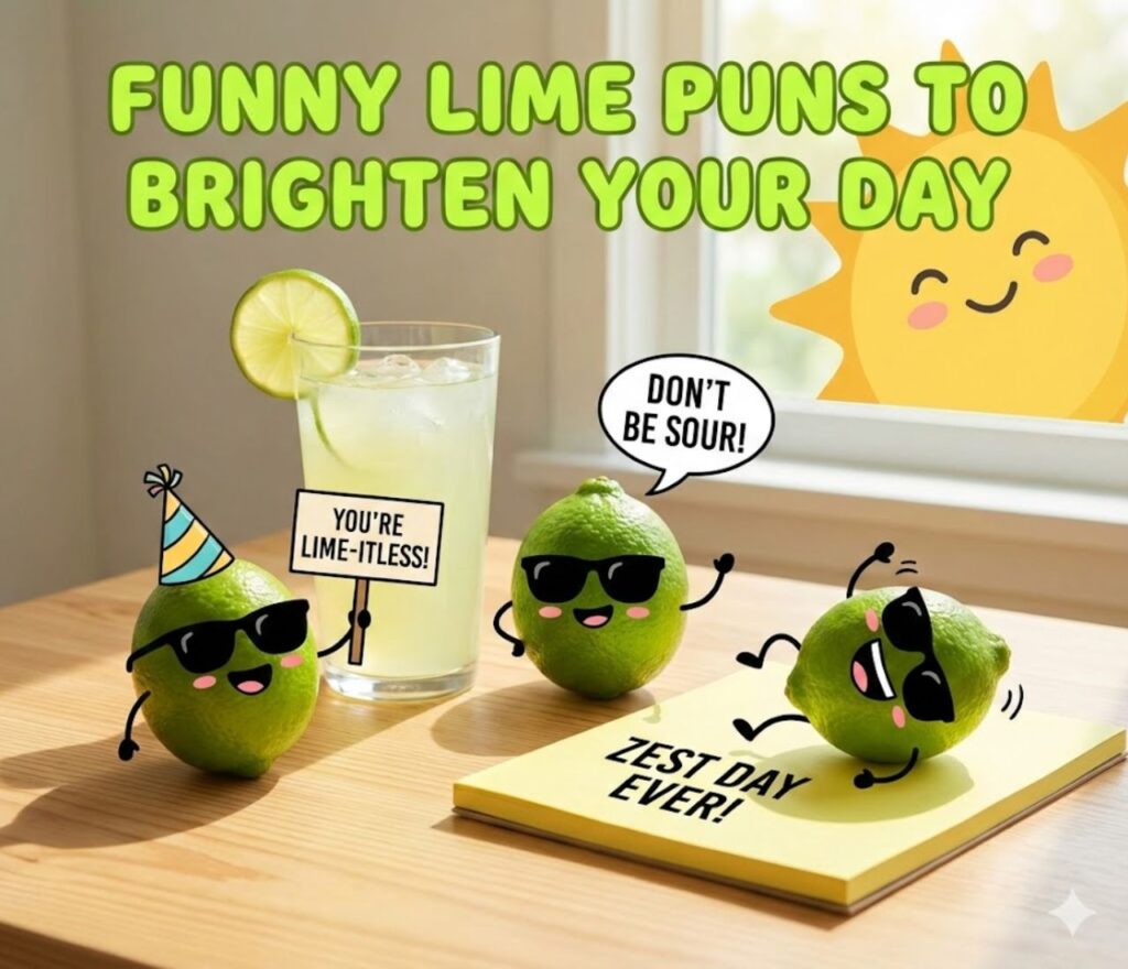 Funny lime puns to brighten your day featuring zesty wordplay, citrus humor, tangy jokes, refreshing laughs, and cheerful vibes.