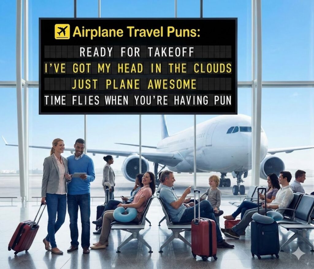 Airplane travel puns featuring sky-high humor, flight wordplay, boarding jokes, turbulence laughs, and shareable captions for jet-setters.