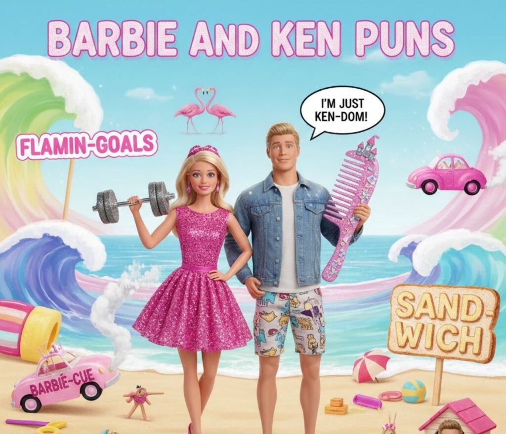 Barbie and Ken puns featuring playful couple humor, stylish wordplay, pink vibes, romantic jokes, and fun, shareable laughs online.