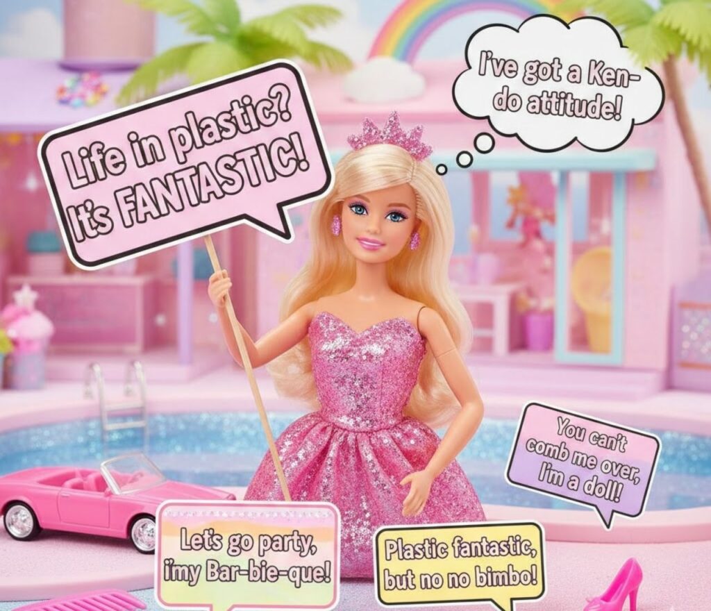 Barbie caption puns featuring glamorous wordplay, pink vibes, playful humor, stylish jokes, and fun, shareable captions for social media.