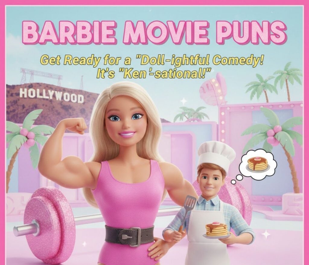 Barbie movie puns featuring cinematic wordplay, pink humor, playful quotes, doll drama jokes, and shareable laughs for film fans