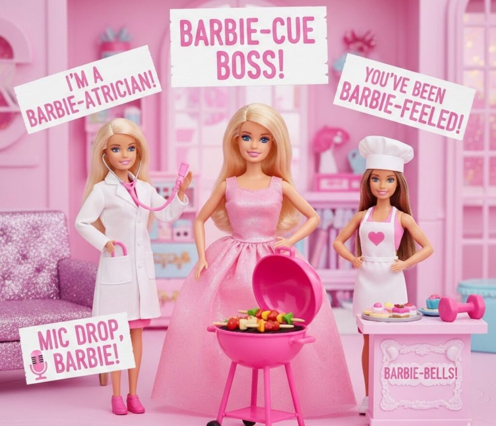 Barbie puns featuring glamorous wordplay, pink humor, playful jokes, fashion vibes, doll-inspired laughs, and shareable captions for fans.