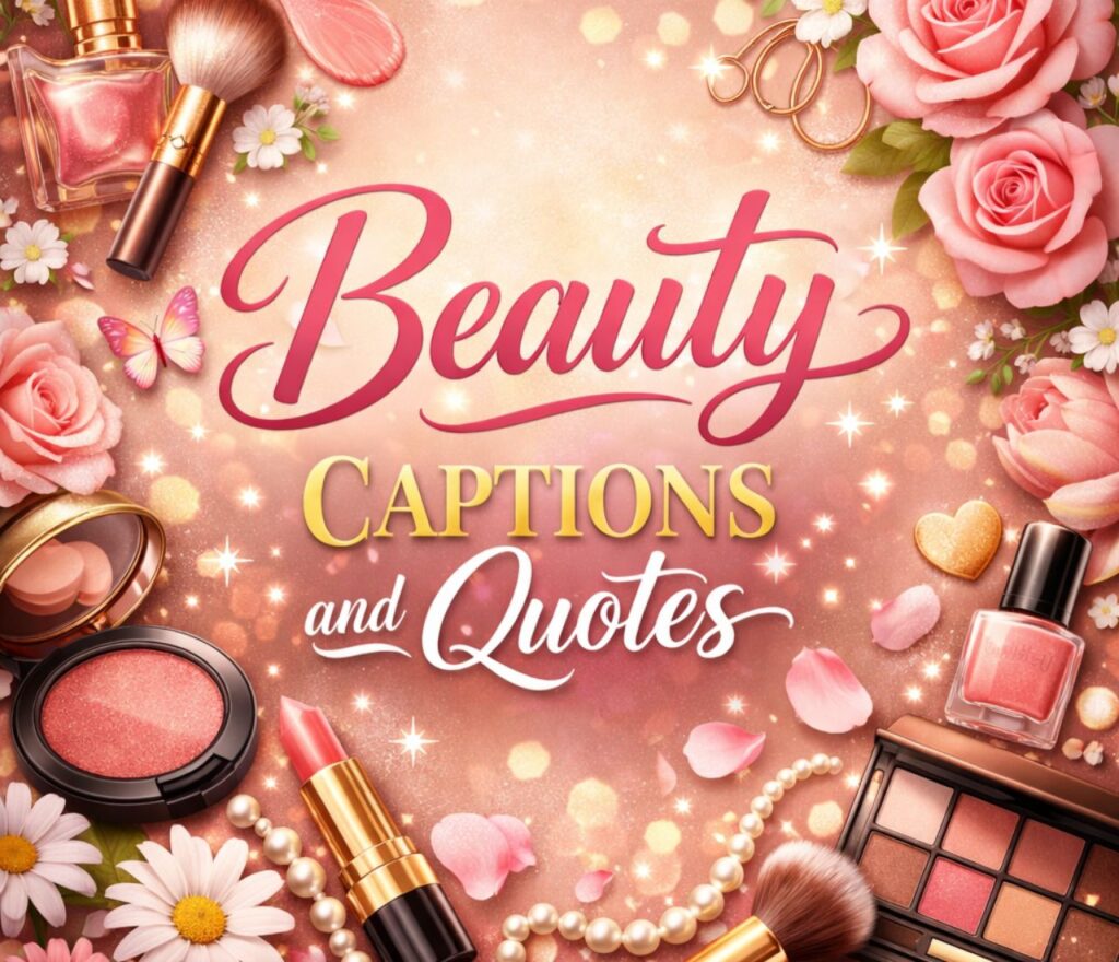 Elegant beauty products and soft florals surround inspiring captions and quotes, creating a calm, confident, and uplifting aesthetic mood.