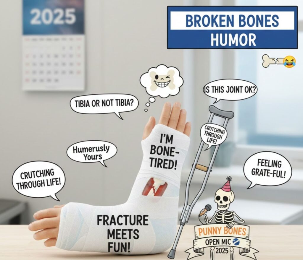 Broken bones humor and funny fracture puns for 2025 featuring witty wordplay, lighthearted jokes, bone-related laughs, and shareable online content.