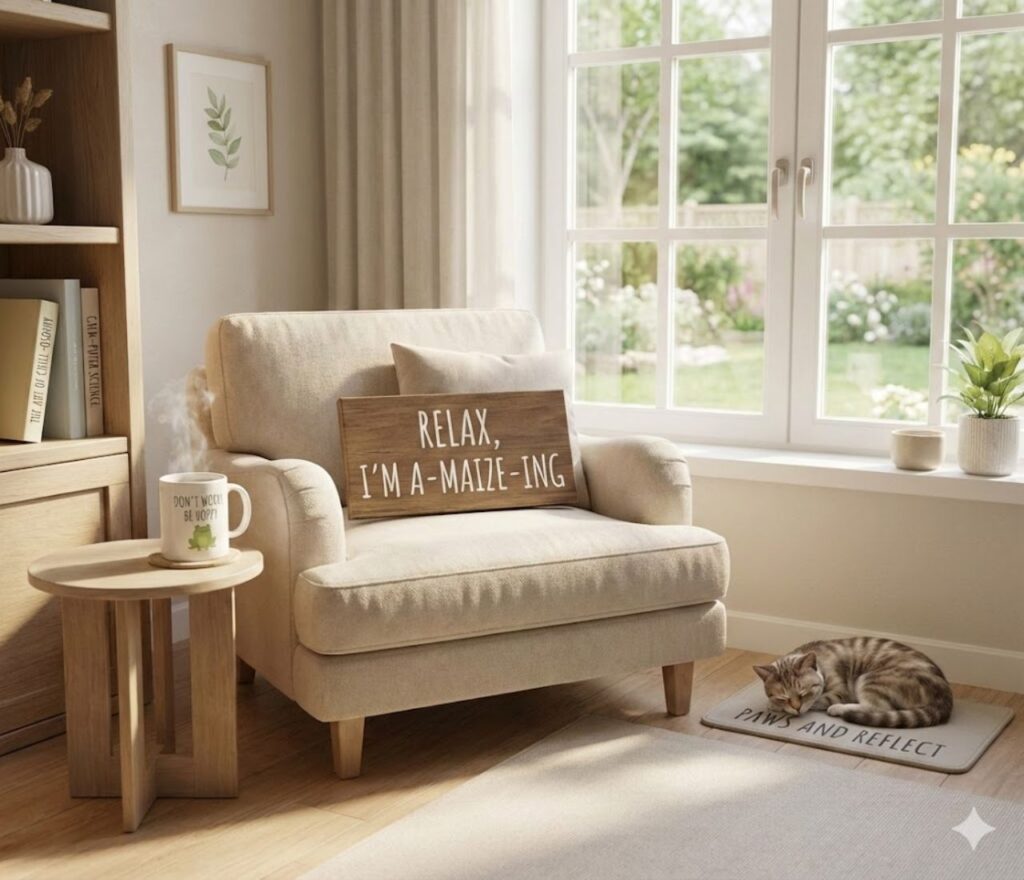 Calm puns featuring peaceful wordplay, soothing humor, gentle jokes, relaxing vibes, mindful laughs, and shareable captions for chill moments.