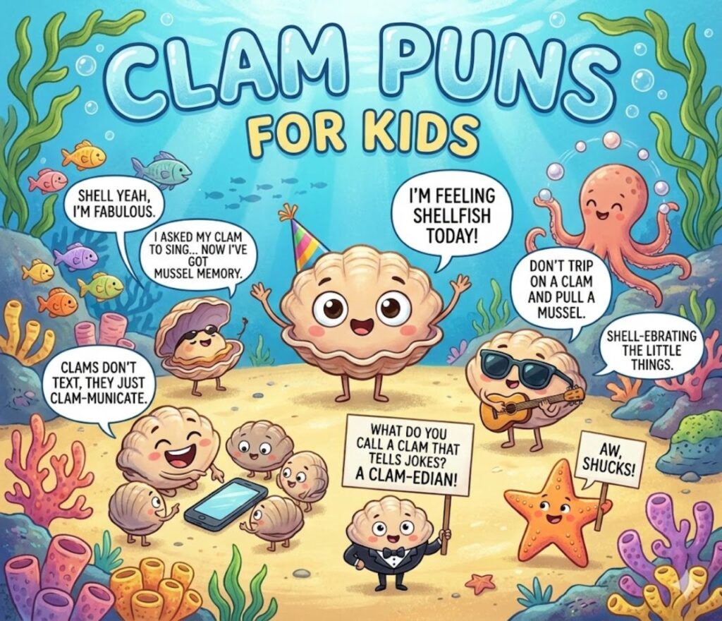 Clam puns for kids featuring silly shell humor, playful ocean wordplay, lighthearted jokes, fun vibes, and shareable giggles.