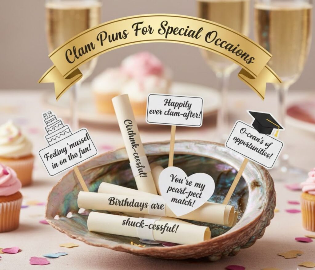 Clam puns for special occasions featuring festive shell wordplay, playful ocean humor, celebratory jokes, and shareable laughs for parties and events