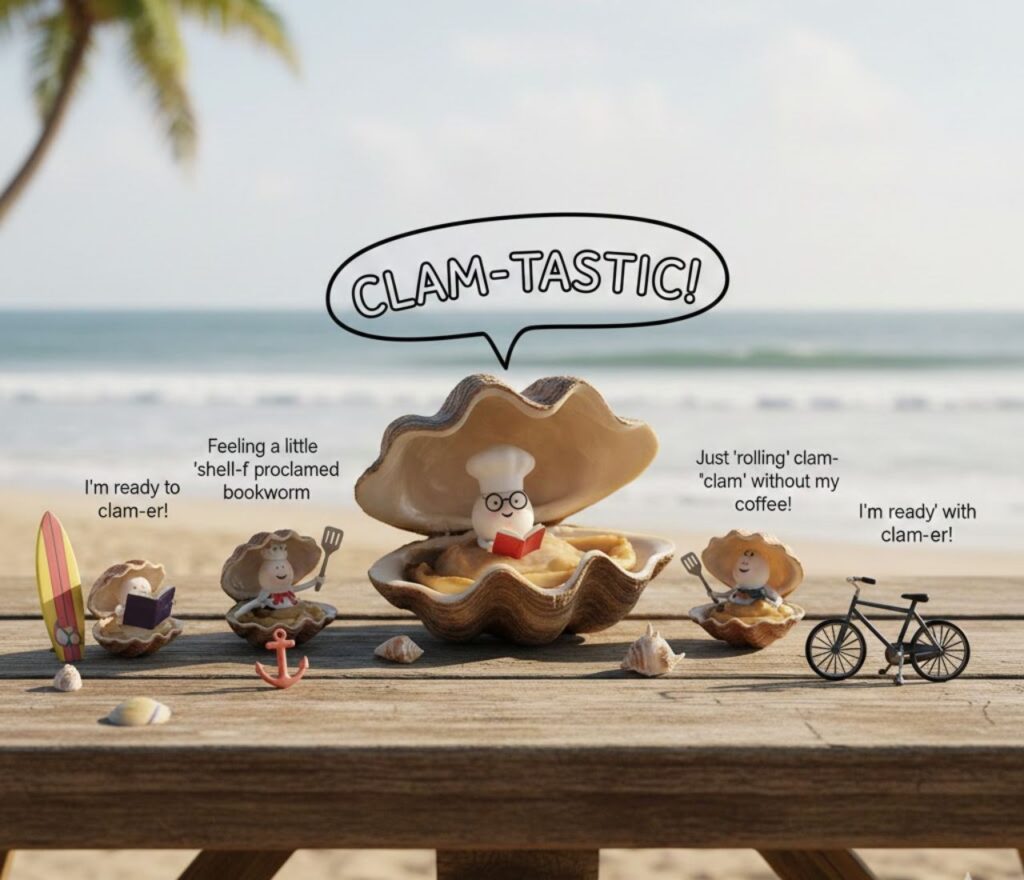 Clam-tastic puns for everyday fun featuring shell humor, ocean wordplay, playful jokes, beachy vibes, and shareable smiles for all