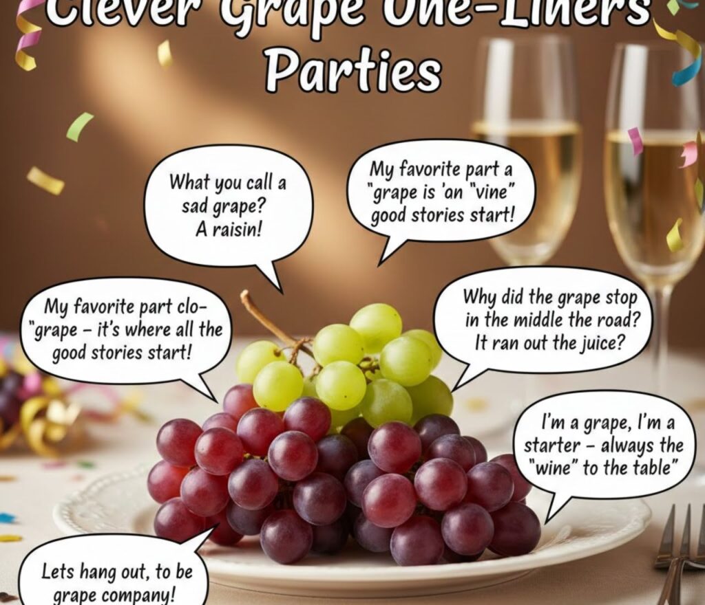 Clever grape one-liners for parties featuring witty wordplay, fruity humor, playful puns, lighthearted jokes, and shareable laughs to lift the mood.