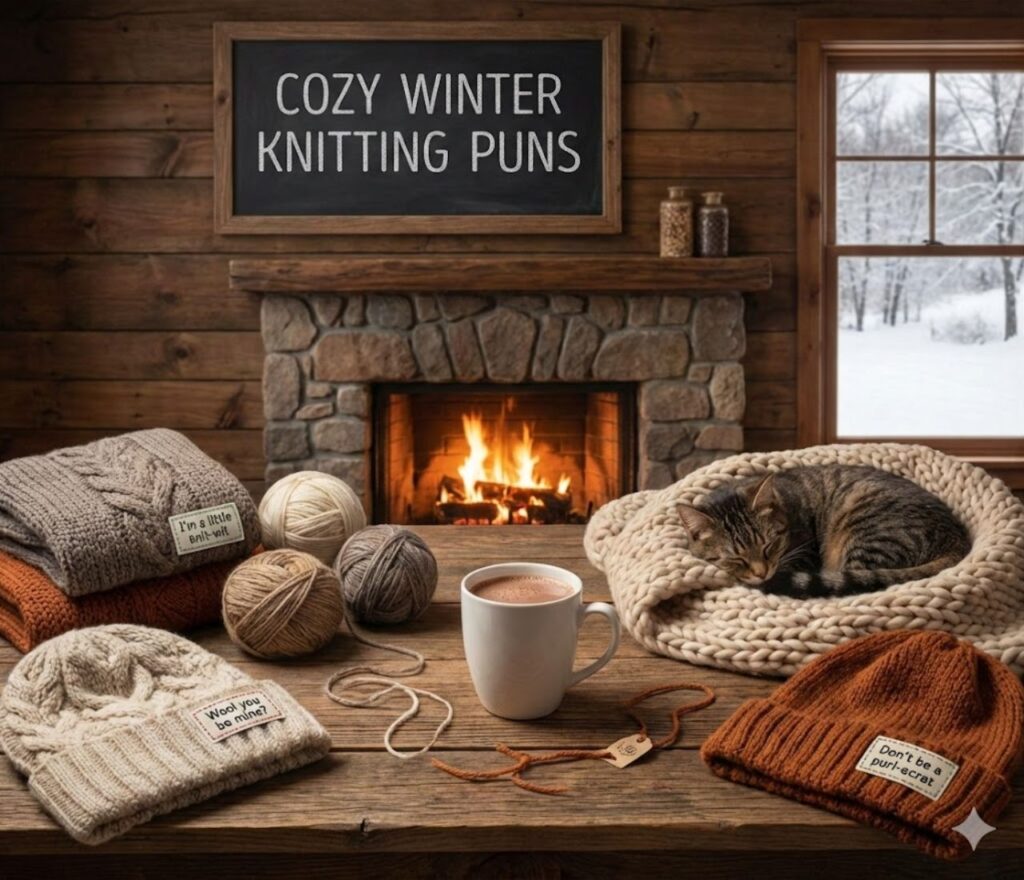 Cozy winter knitting puns featuring warm yarn humor, stitchy wordplay, snug vibes, playful jokes, and comforting, shareable laughs.