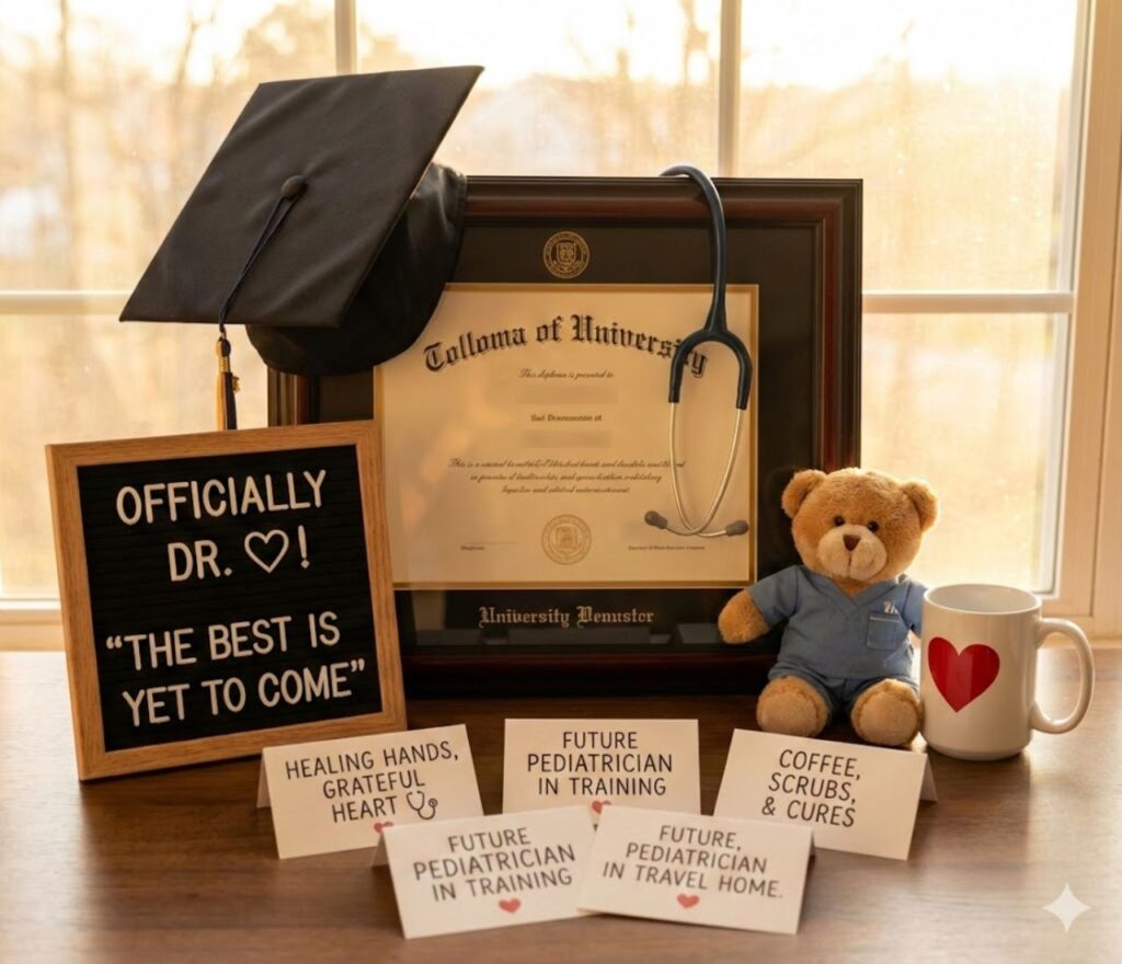 Cute heartwarming doctor graduation captions celebrating hard work, proud smiles, family support, medical dreams achieved, joyful moments, future healing journeys.