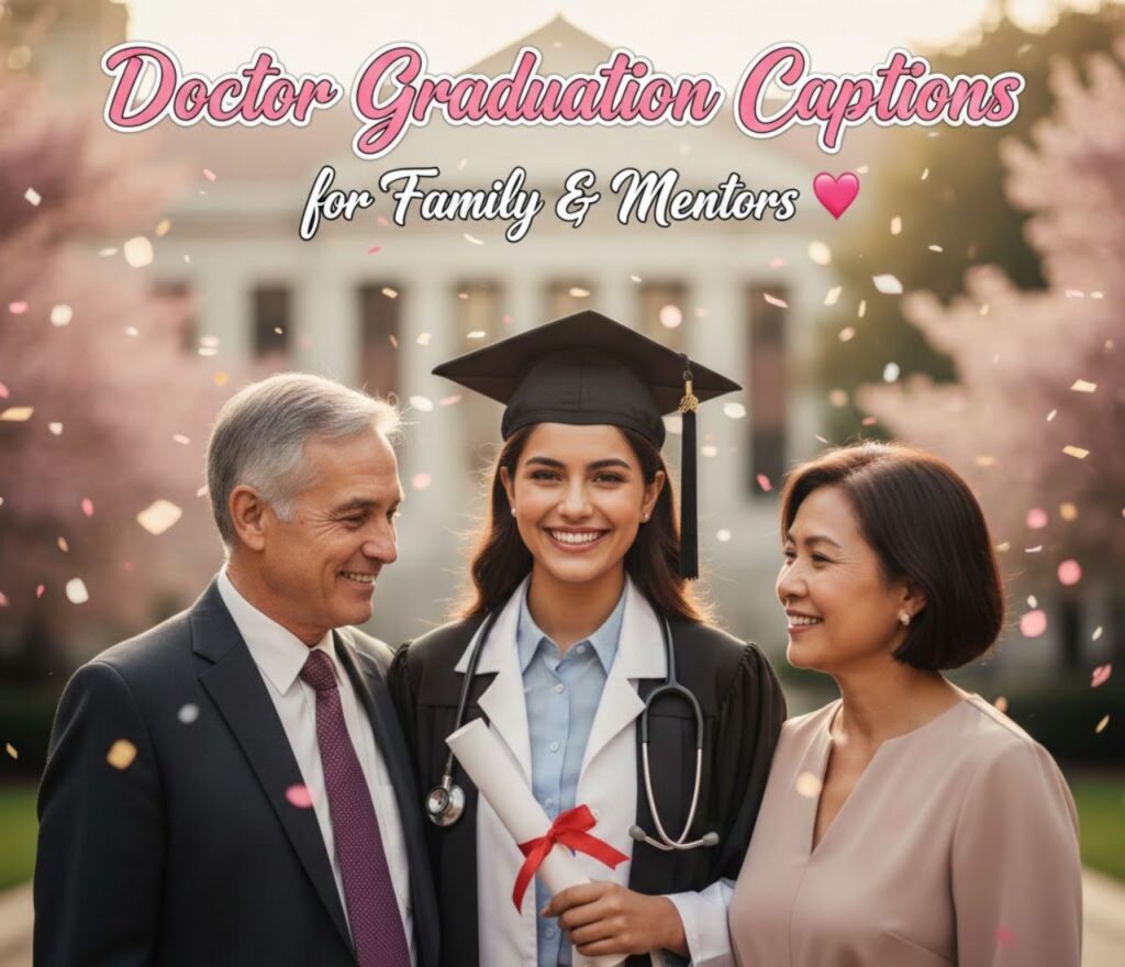 Doctor graduation captions honoring family and mentors, celebrating support, guidance, pride, gratitude, success, and lifelong medical dreams together today always.