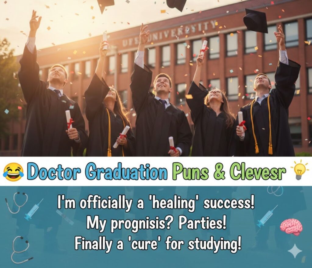 Clever doctor graduation puns with witty medical wordplay, celebratory humor, proud moments, white coat laughs, and shareable captions online today.