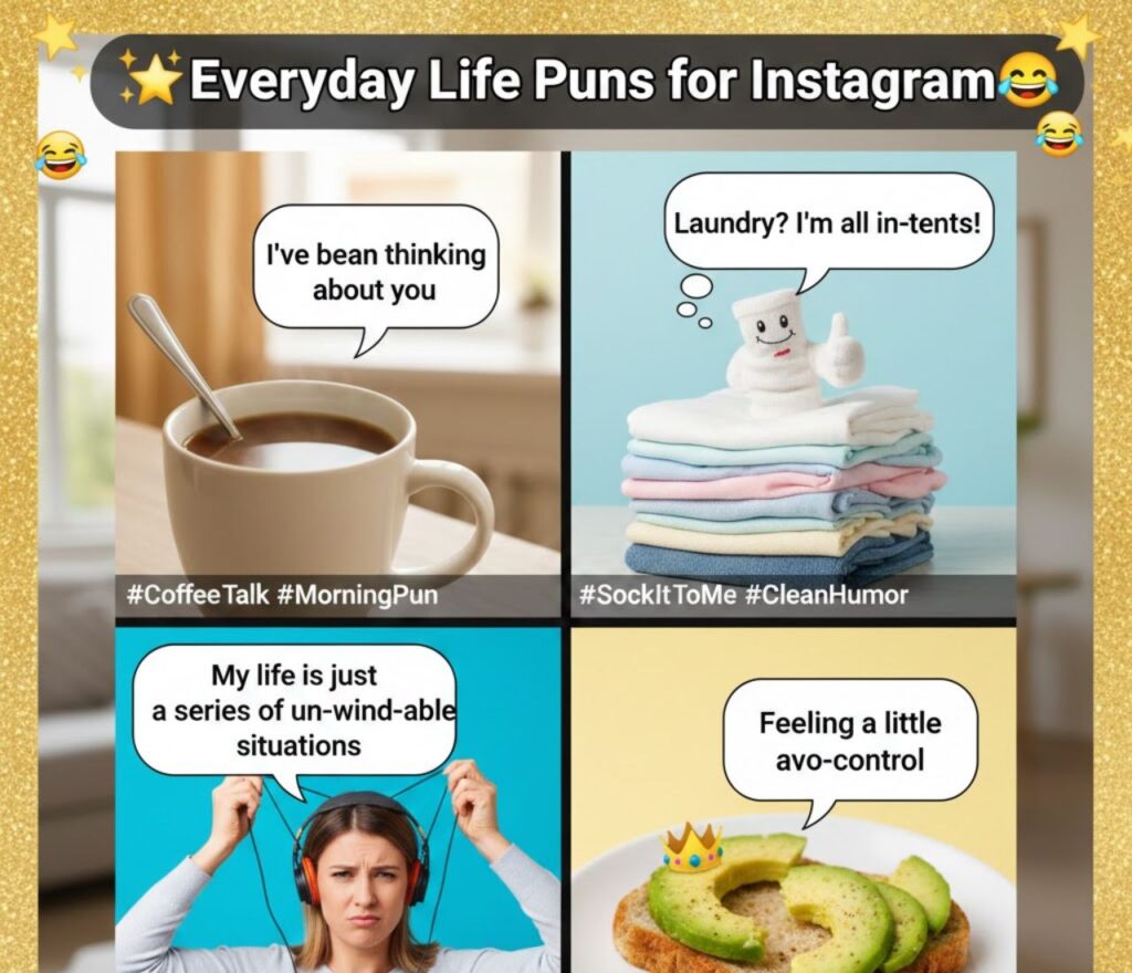 Everyday life puns for Instagram featuring relatable humor, witty wordplay, daily moments, funny captions, and shareable laughs for followers.