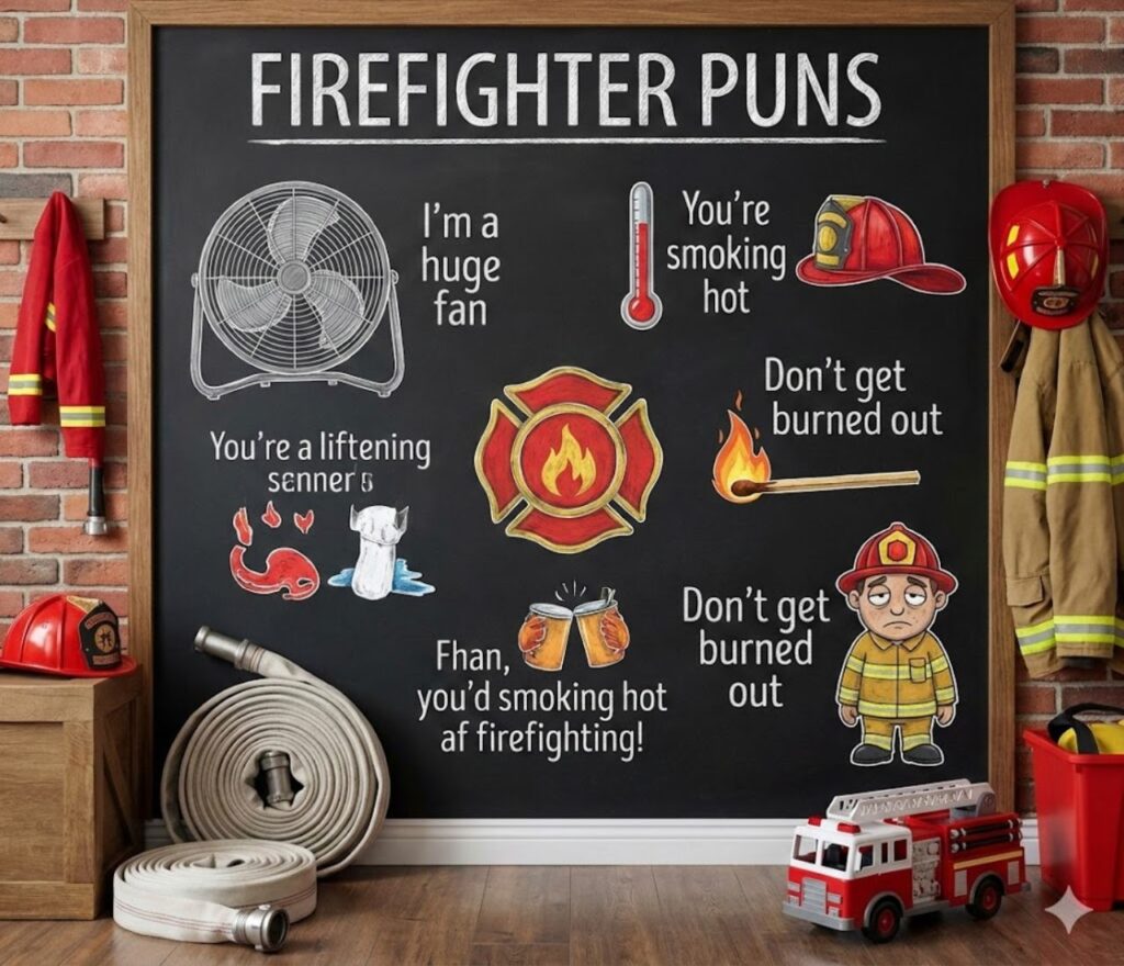 Firefighter puns featuring blazing humor, clever wordplay, heroic jokes, hot laughs, rescue themed wit, and shareable social media captions today.
