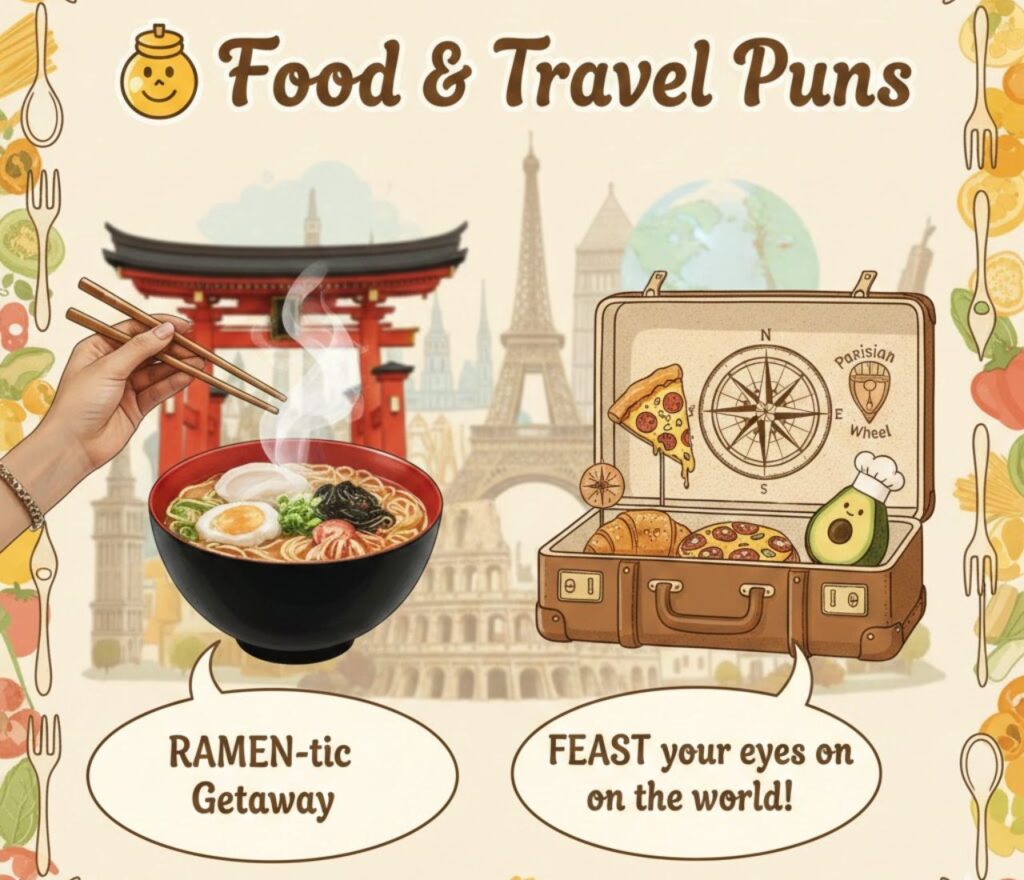 Food travel puns featuring tasty wordplay, culinary adventures, flavorful jokes, foodie laughs, and shareable captions for hungry explorers everywhere.