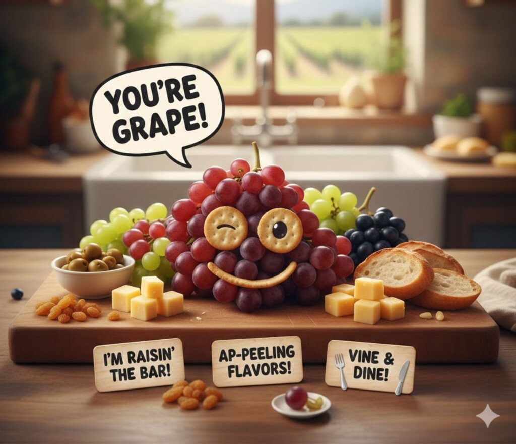 Foodie grape puns featuring fruity wordplay, culinary humor, playful kitchen jokes, wine-inspired laughs, and shareable captions for food lovers