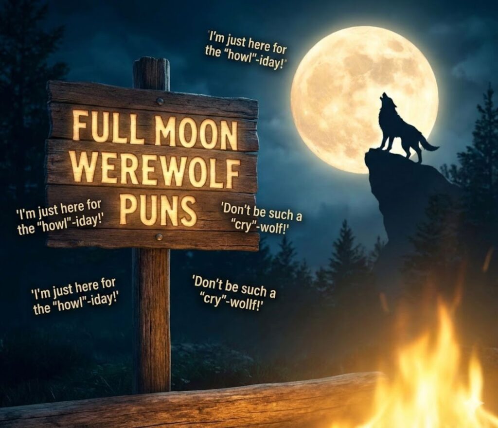 Werewolf puns featuring howling wordplay, moonlit humor, spooky jokes, playful claws, and shareable laughs for supernatural fans