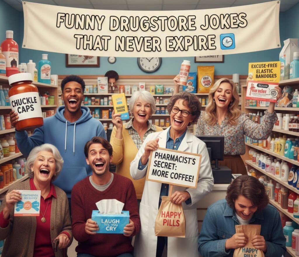 Cartoon drugstore items crack timeless jokes on labels and signs, keeping smiles fresh with bright colors, friendly humor, and endless fun.