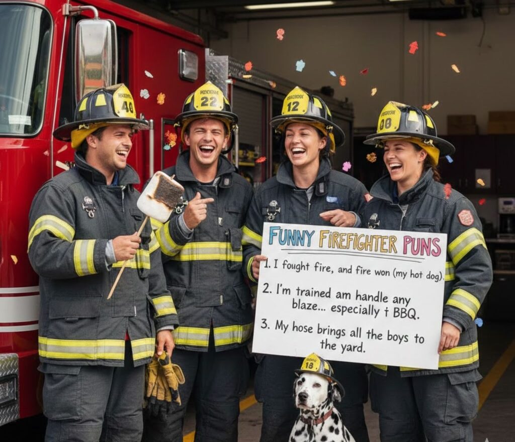 Funny firefighter puns featuring blazing humor, heroic wordplay, rescue jokes, hot laughs, and shareable captions for social media fans today.